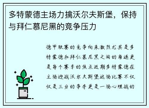 多特蒙德主场力擒沃尔夫斯堡，保持与拜仁慕尼黑的竞争压力